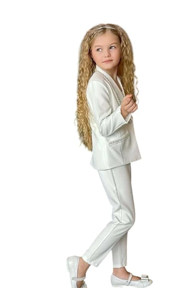 Kız Çocuk Yaka Kenarları İnci Taş İşlemeli Blazer Ceket Kolsuz Penye Crop Beyaz Alt Üst Takım - Resim 8