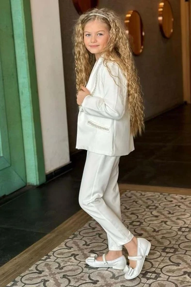 Kız Çocuk Yaka Kenarları İnci Taş İşlemeli Blazer Ceket Kolsuz Penye Crop Beyaz Alt Üst Takım ürün görseli