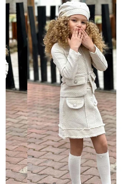 Kız Çocuk Kenarları İnci Taş İşlemeli Triko Ceket Cep Detaylı Ekru Etekli Takım - Resim 2