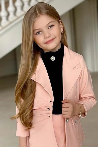 Kız Çocuk Palyaço Yaka Kolsuz Bluz Taş Düğme Detaylı Blazer Ceket Pudra Alt Üst Takım - Resim 8