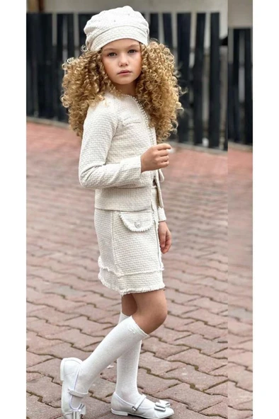 Kız Çocuk Kenarları İnci Taş İşlemeli Triko Ceket Cep Detaylı Ekru Etekli Takım - Resim 4
