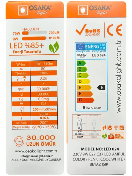 (1 Adet) Osaka 9W (70W) Beyaz Işık E27 Duylu (Kalın Duy) Led Ampul - Resim 3