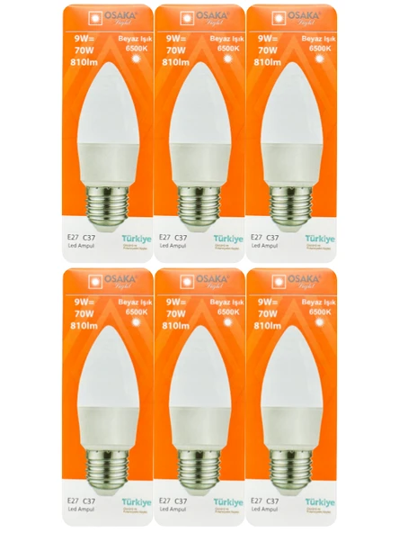 (6 Adet) Osaka 9W (70W) Beyaz Işık E27 Duylu (Kalın Duy) Led Ampul
