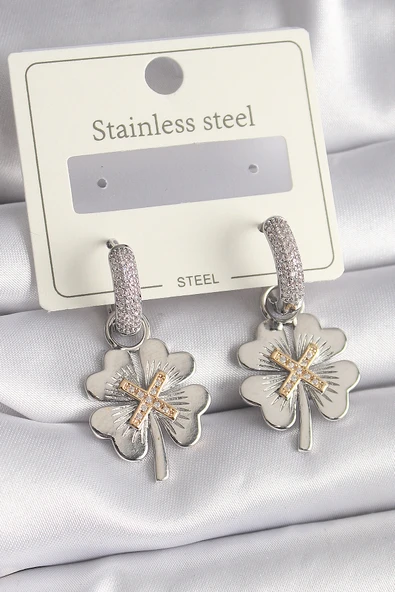 316L Çelik Gümüş Renk Zirkon Taşlı Yonca Model Kadın Küpe - TJ-BKP9695 ürün görseli 1