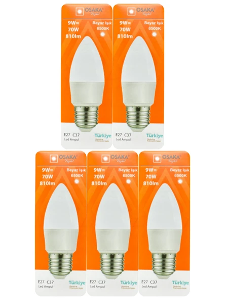 (5 Adet) Osaka 9W (70W) Beyaz Işık E27 Duylu (Kalın Duy) Led Ampul