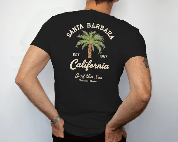 Santa Barbara California Baskılı Siyah Erkek Tişört   Retro Plaj Ruhunu Taşı