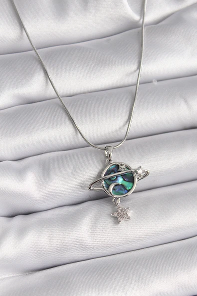 316L Çelik Gümüş Renk Zincir Zirkon Taşlı Gezegen Model Kadın Kolye - TJ-BKO9478 ürün görseli 1