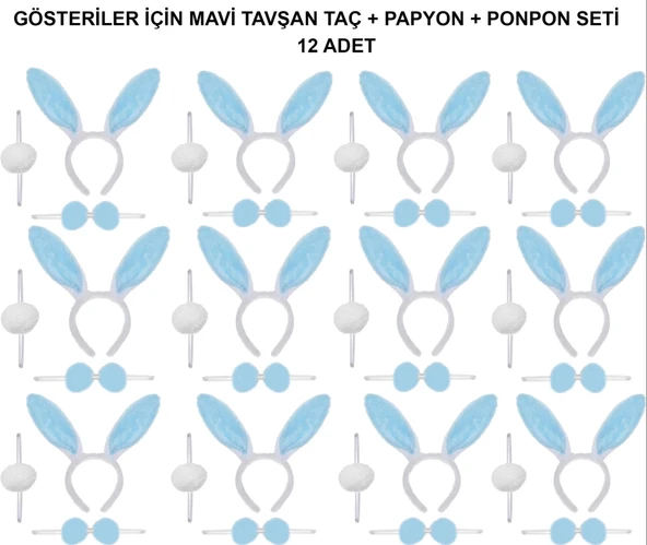 Mavi Tavşan Kostüm Seti – Taç, Papyon, Ponpon (12’li Paket)