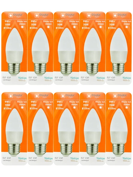 (10 Adet) Osaka 9W (70W) Beyaz Işık E27 Duylu (Kalın Duy) Led Ampul