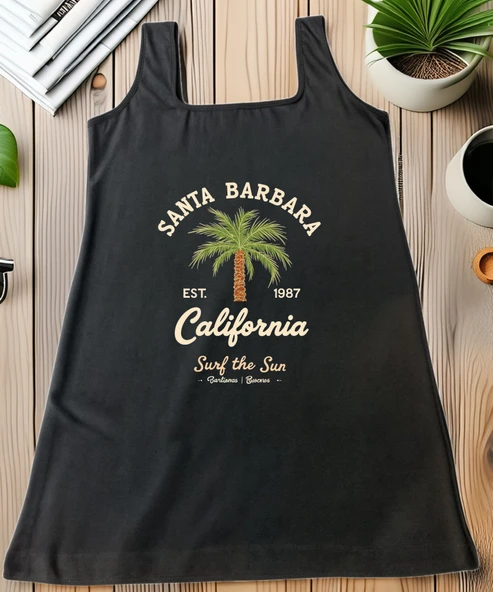 Santa Barbara California Baskılı Siyah Kadın Atlet   Yaz Ruhunu Yansıtan Hafif Tasarım