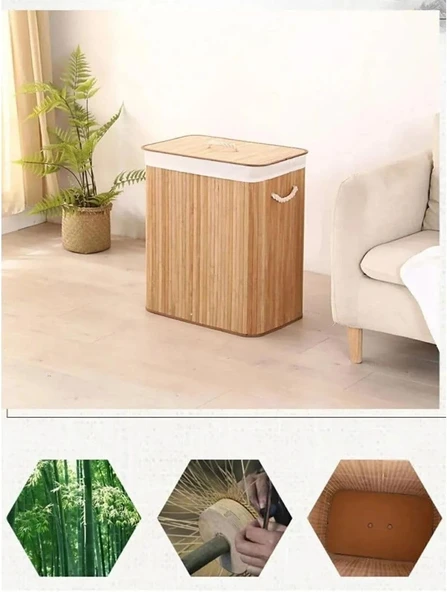 Busstier Katlanabilir Bambu Çamaşır Sepeti, Kapaklı, İç Astar, Taşıma Kulplu, 66 Litre - 4