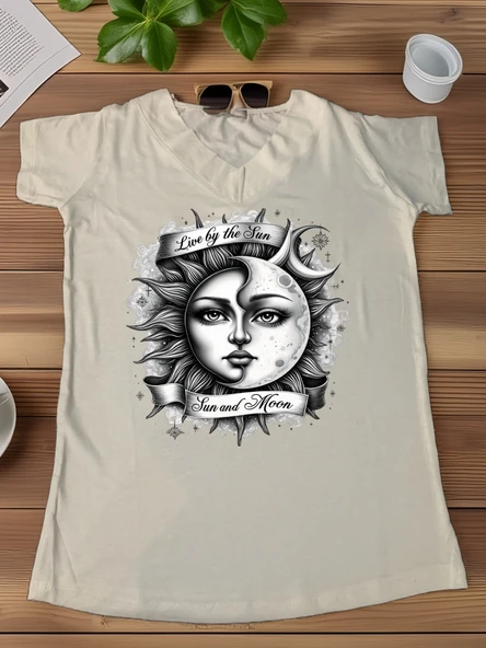 Sun and Moon Kadın Tişörtü   Güneşin Gücü ve Ayın Gizemiyle Buluşan Tasarım