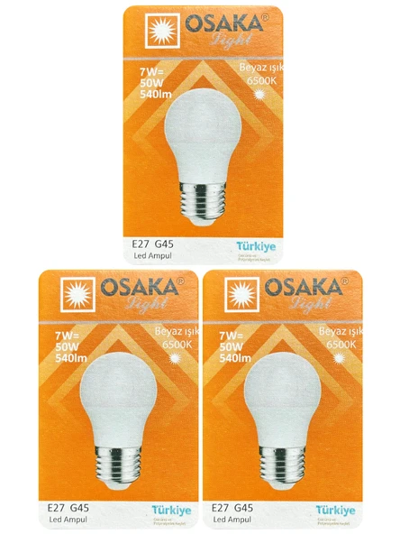 (3 Adet) Osaka 7W (50W) Beyaz Işık E27 Duylu (Kalın Duy) Led Ampul