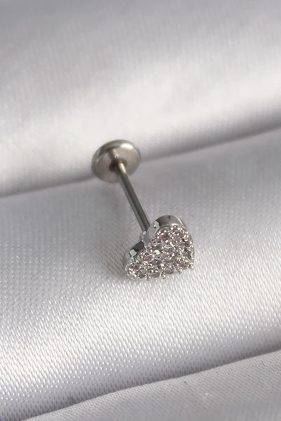 316L Çelik Gümüş Renk Zirkon Taşlı Kalp Model Tragus Piercing - TJ-PR1347 - 3