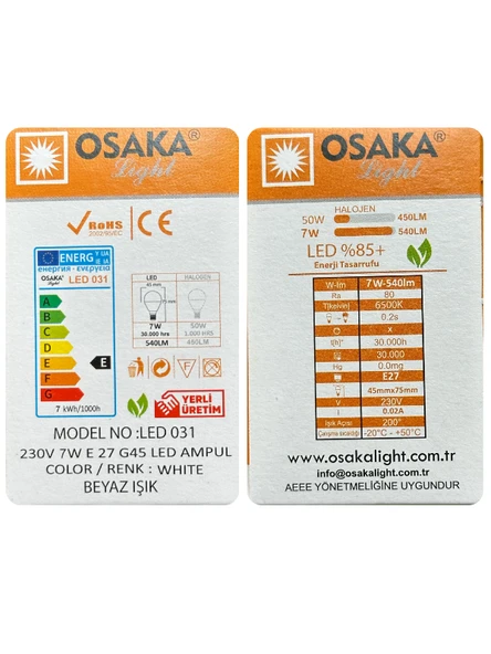 (5 Adet) Osaka 7W (50W) Beyaz Işık E27 Duylu (Kalın Duy) Led Ampul - 4