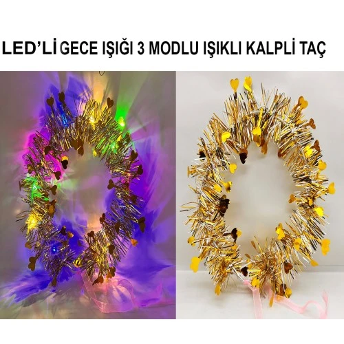 Periboia Kalp Püsküllü 3 Modlu LED Işıklı Taç Altın Renk