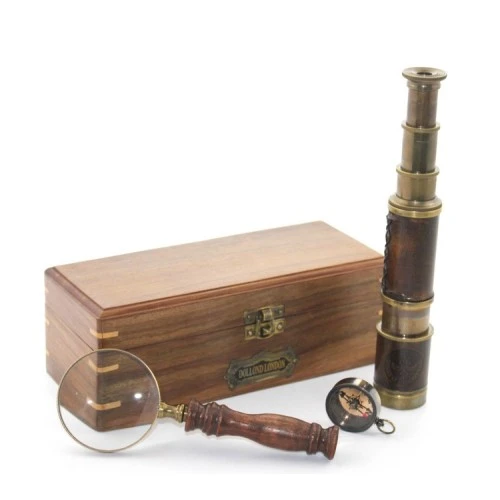 Periboia Ahşap Kutu Pirinç Pusula, Dürbün, Büyüteç, Seti Model 2 ürün görseli