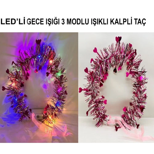 Periboia Kalp Püsküllü 3 Modlu LED Işıklı Taç Fuşya Renk