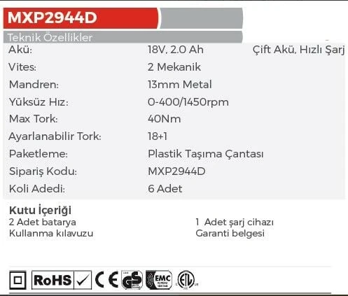 MAX EXTRA MXP2944D Akülü Darbeli Matkap 18Volt - 2 Amper - 4