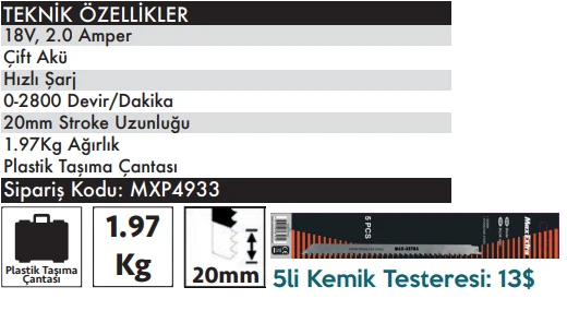 MAX EXTRA MXP4933 - Akülü Tilki Kuyruğu Kemik Kurban Testeresi 18 Volt 2 Amper - Resim 2