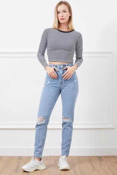 Yüksek bel yırtmaçlı mom jean pantolon - 2