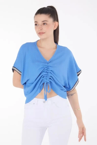 V yaka büzgülü detaylı bluz - Resim 4