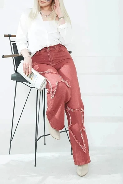 Kadın Yüksel Bel Püskül Detaylı Palazzo Jean Kot Pantolon - 6