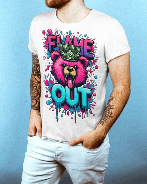 Oversize Siyah Beyaz Tişört  Neon Ayı Baskılı, Flame Out Yazılı, Street Style Tasarım
