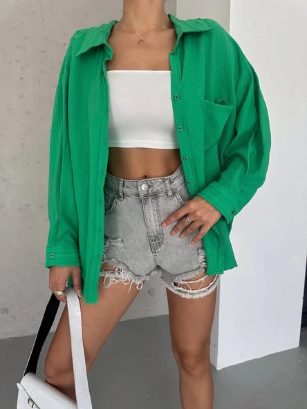 Ağaç kabuğu oversize arkası pileli gömlek - 3