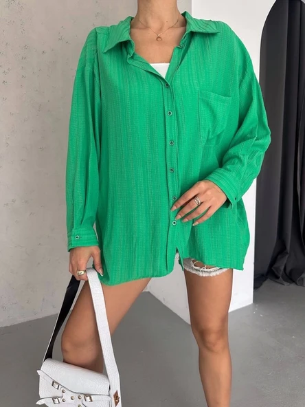 Ağaç kabuğu oversize arkası pileli gömlek - 2