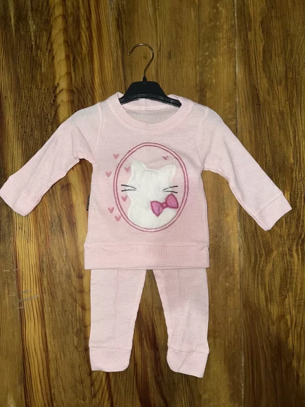 3-12 aylık kedi desen işlemeli takım pembe