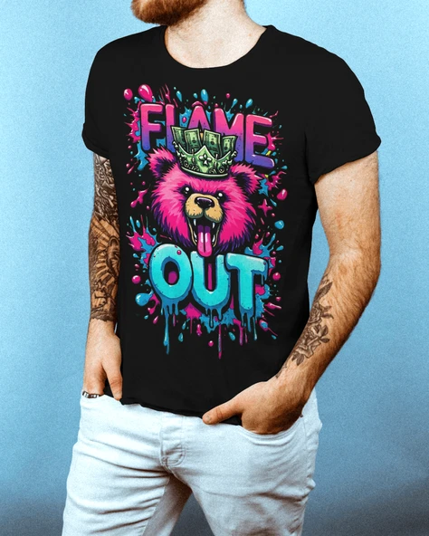 Oversize Siyah Beyaz Tişört  Neon Ayı Baskılı, Flame Out Yazılı, Street Style Tasarım - 2