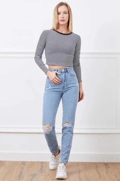 Yüksek bel yırtmaçlı mom jean pantolon - 3