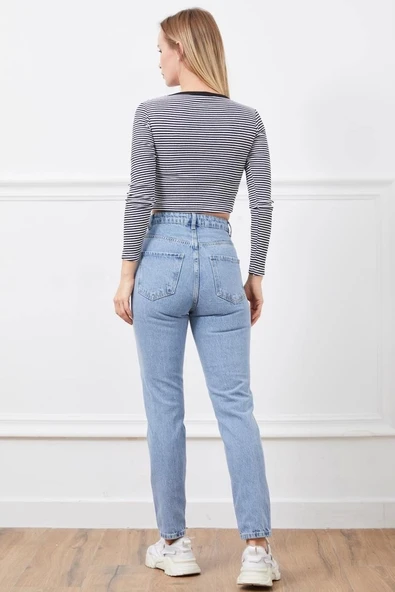 Yüksek bel yırtmaçlı mom jean pantolon - 5