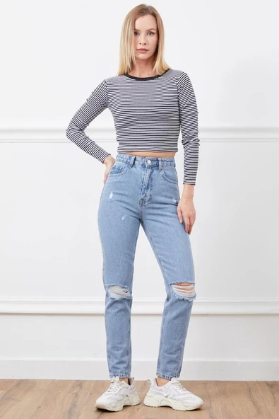 Yüksek bel yırtmaçlı mom jean pantolon - 6