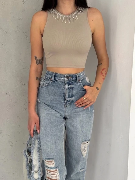 fitilli kaşkorse yakası zincirli atlet vizon - 6