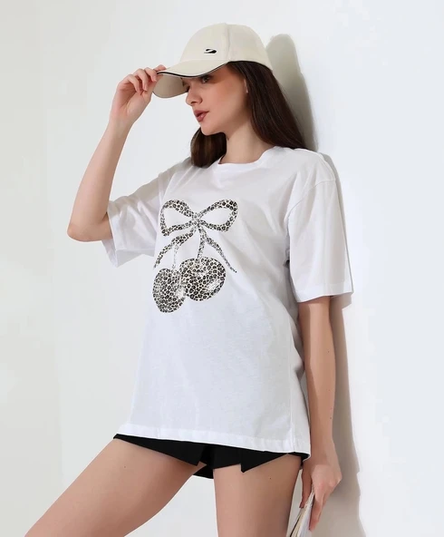 Leopar desenli kiraz baskılı tişört - 2