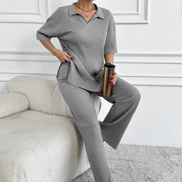 Geniş fitilli polo yaka kısa kol takım - 2