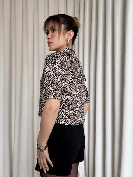 Leopar desenli crop gömlek - 2