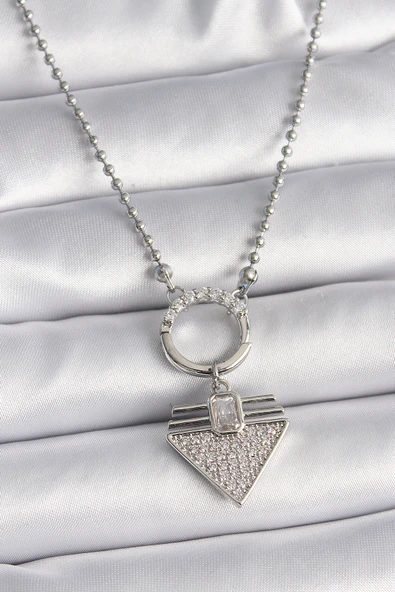 316L Çelik Gümüş Renk Topçuk Zincir Zirkon Taşlı Üçgen Model Kadın Kolye - TJ-BKO9574 ürün görseli 1