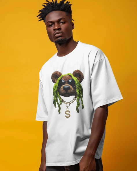 Manifest Ayıcık ve Zincir Kolye Baskılı Oversize Erkek Tişört  Siyah ve Beyaz Renk Seçenekli