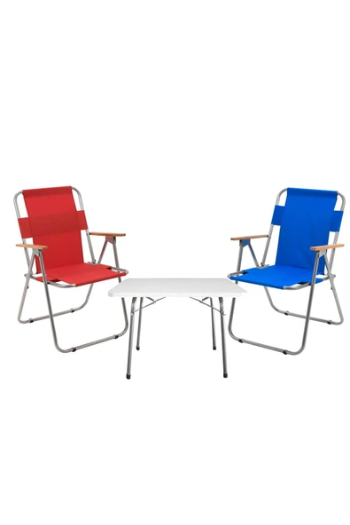 Exent 2 Adet Katlanır Piknik Kamp Sandalye ve 45x60 Masa-Piknik Seti-KIRMIZI+MAVİ