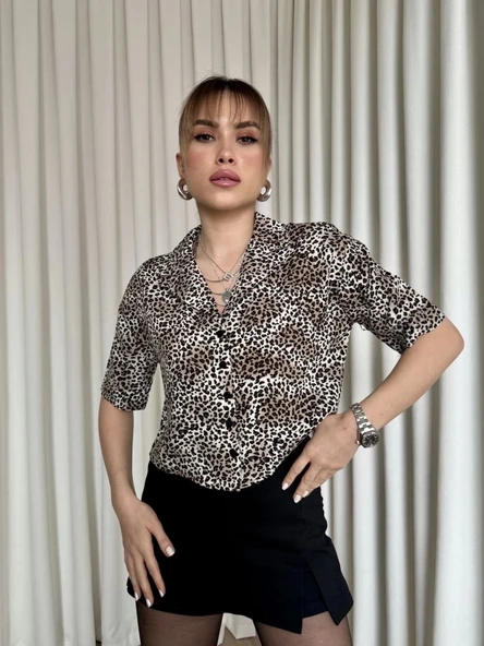 Leopar desenli crop gömlek - 4