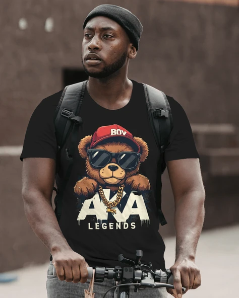 Rapçi Ayıcık ve A.K.A Legends Baskılı Erkek Tişört