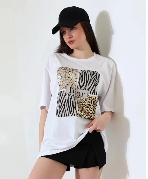 Karma desenli oversize tişört