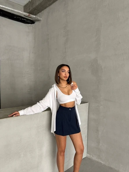 Çizgili şort etek - 5