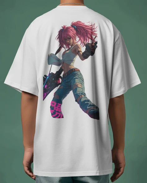 Oversize Beyaz Siyah Tişört  Cyberpunk Anime Kız Baskılı, Rahat Kesim, Unisex