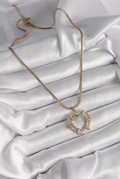 316L Çelik Gold Renk İtalyan Zincir Mix Renk Zirkon Taşlı Kalp Model Kadın Kolye - TJ-BKO9601 - Resim 2