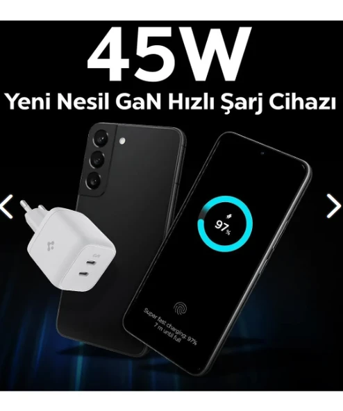 Spigen 45W GaN USB-C 2 Port Mini Adaptör Samsung PPS 2.0 Destekli Hızlı Şarj Type-C PE2105 White - ACH03717 - Resim 2