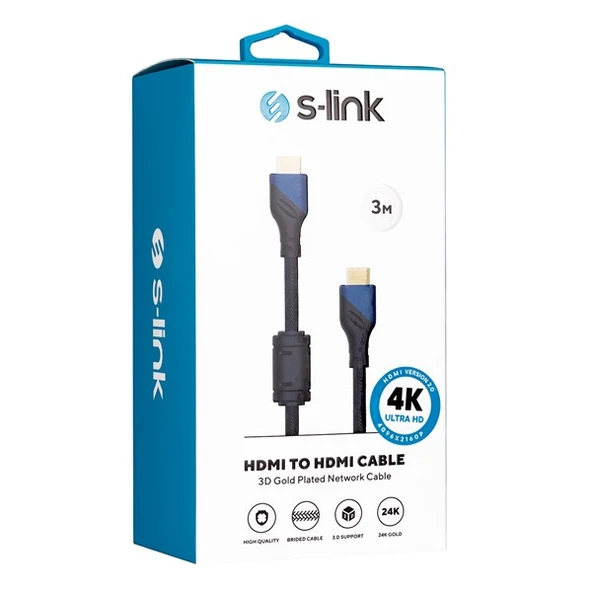 S-link SLX-258 HDMI TO HDMI 3m Altın Uçlu 24K + Kor.Kılıf 1.4 Ver. 3D Kablo - Resim 3